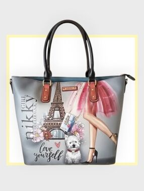 Nicole Lee Blue Tote with Pink Accents and Black Handles